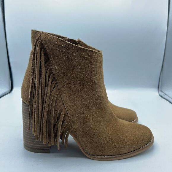 Arturo Chiang Suede Leather Fringe Chunky Heel Booties Boots Tan Camel Boho  7M - Picture 5 of 12